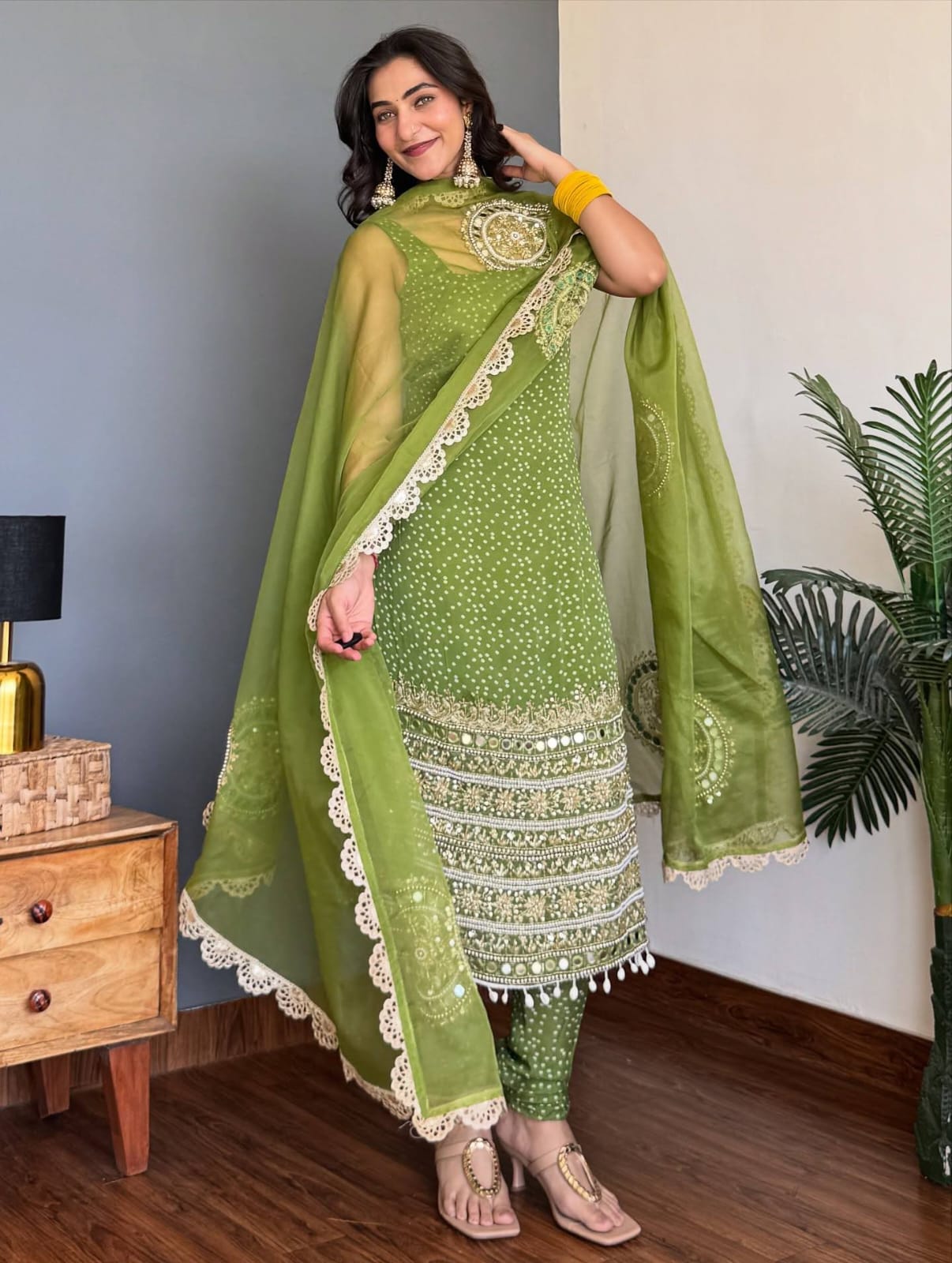 Ruhani Bandhani Mirror Work Anarkali Set