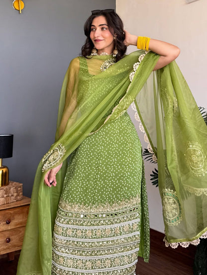 Ruhani Bandhani Mirror Work Anarkali Set