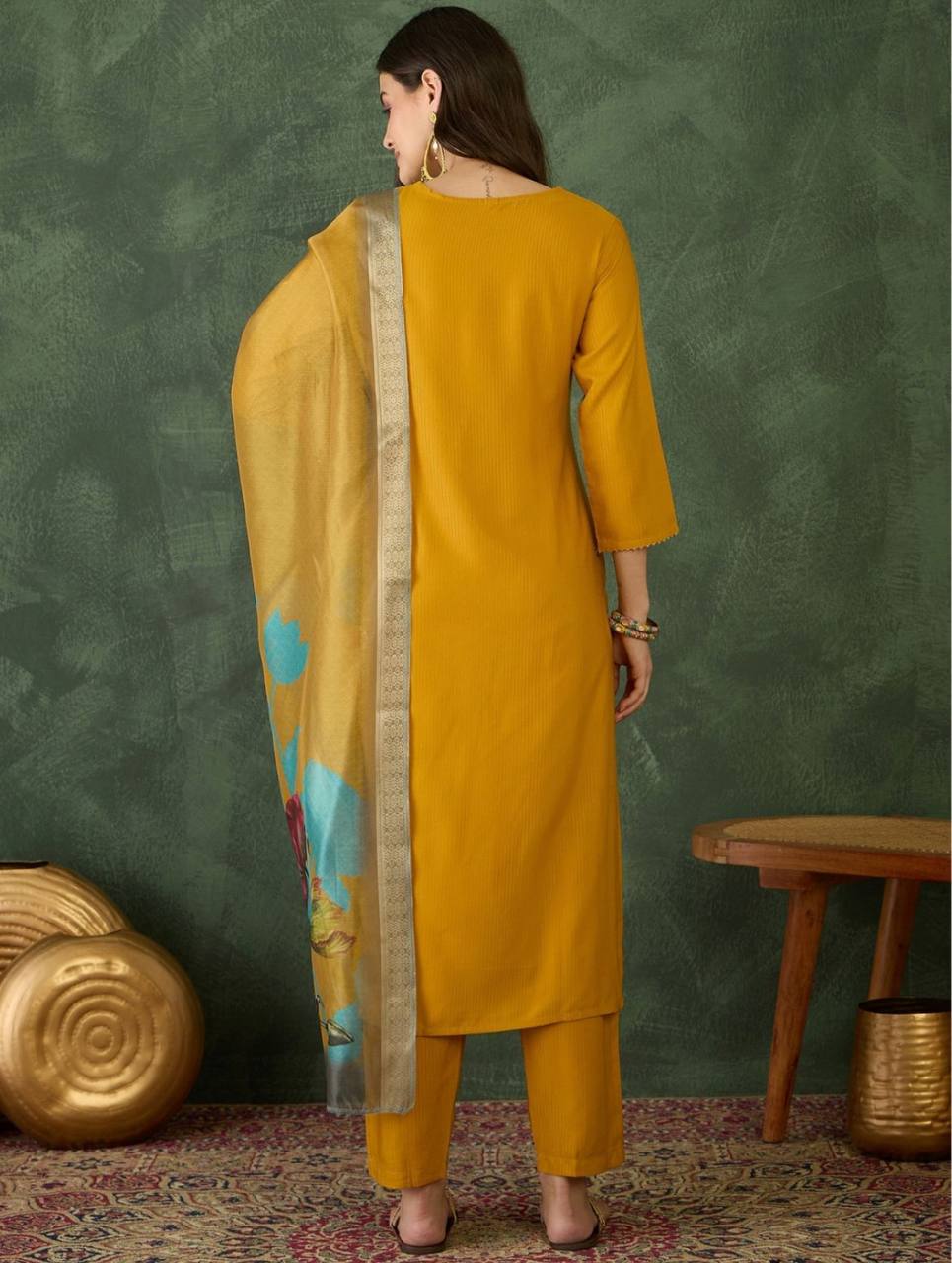 Women’s Rayon Embroidered Straight Kurta Set – Mustard