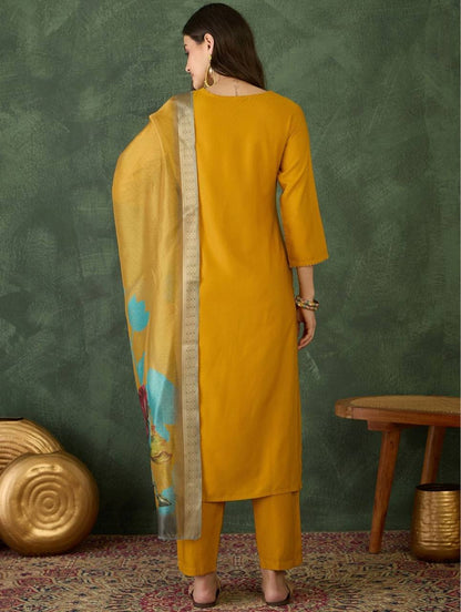 Women’s Rayon Embroidered Straight Kurta Set – Mustard
