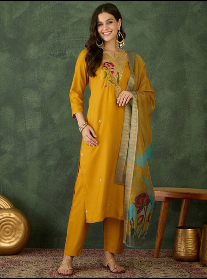 Women’s Rayon Embroidered Straight Kurta Set – Mustard