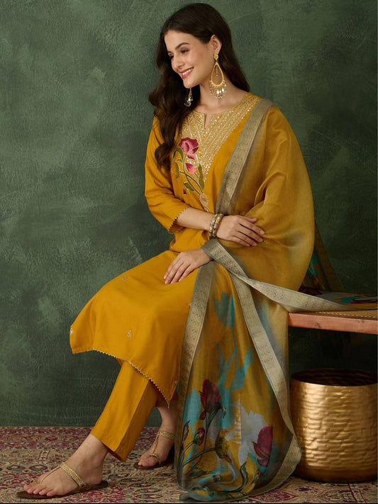 Women’s Rayon Embroidered Straight Kurta Set – Mustard