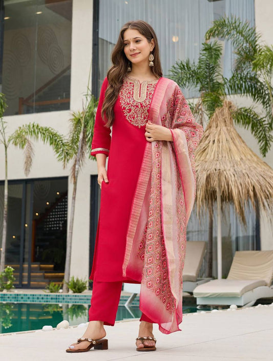 Women’s Rayon Slub Embroidered Kurta Set – Red