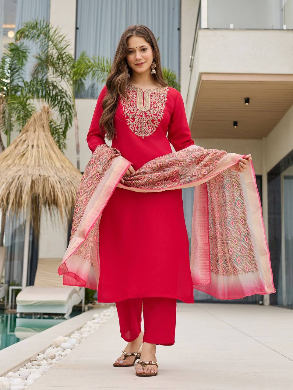 Women’s Rayon Slub Embroidered Kurta Set – Red