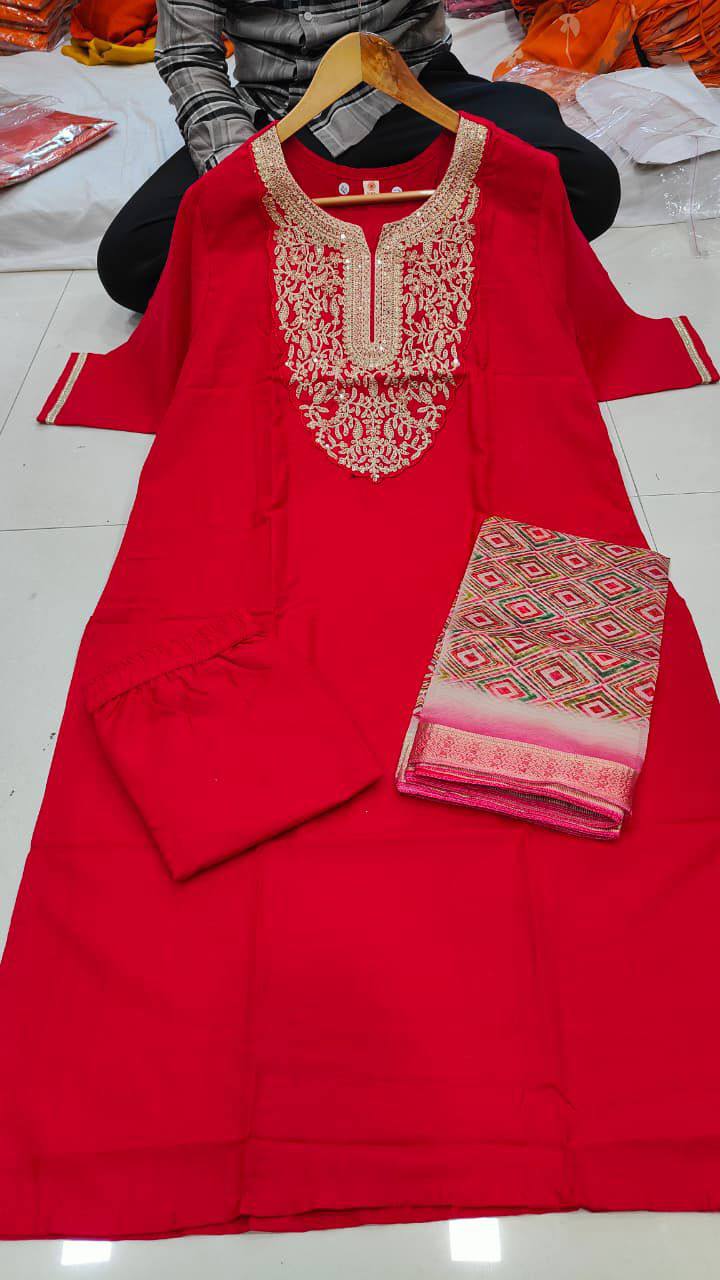 Women’s Rayon Slub Embroidered Kurta Set – Red