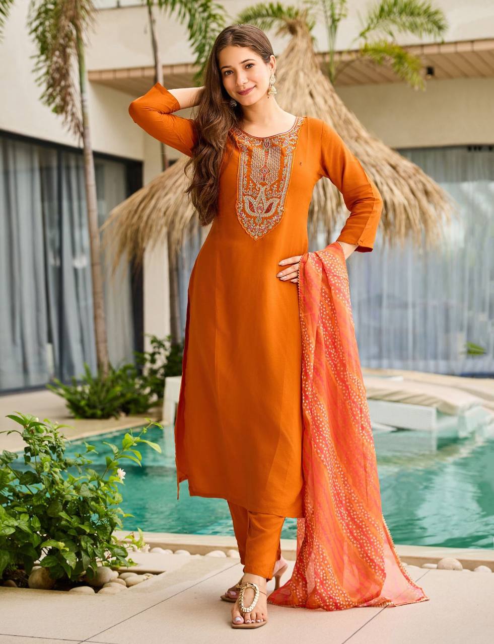 Women’s Rayon Embroidered Kurta Set – Rust