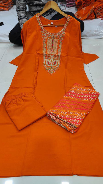 Women’s Rayon Embroidered Kurta Set – Rust