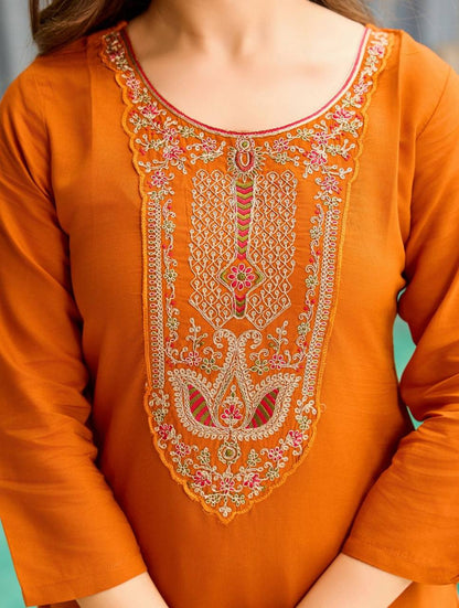 Women’s Rayon Embroidered Kurta Set – Rust