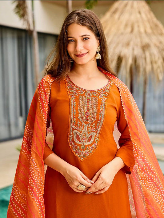 Women’s Rayon Embroidered Kurta Set – Rust