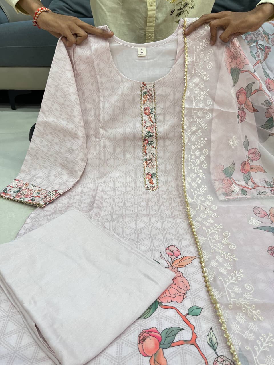 Lilan Printed Suit Set in Light Pink
