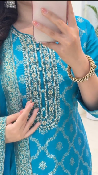 Banarasi Kurti Pant Set with Dupatta & Pearl Bracelet