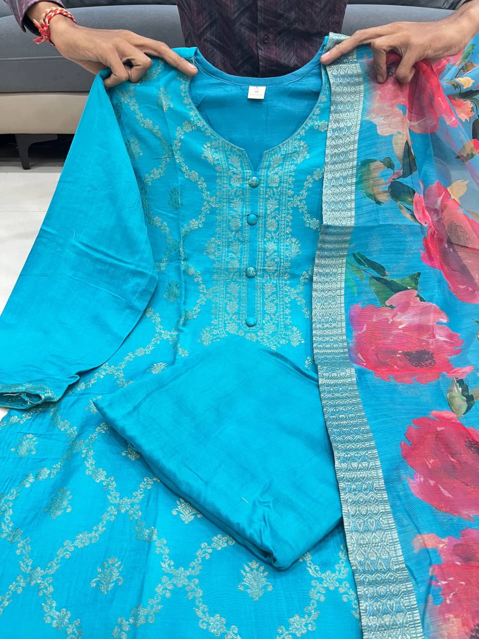 Banarasi Kurti Pant Set with Dupatta & Pearl Bracelet