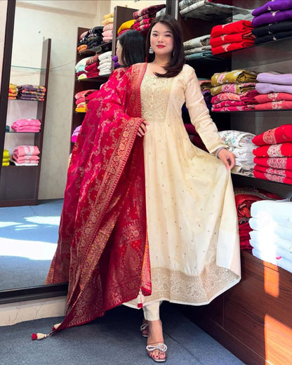 Banana Silk Anarkali Kurti Set with Zari Work & Banarasi Dupatta