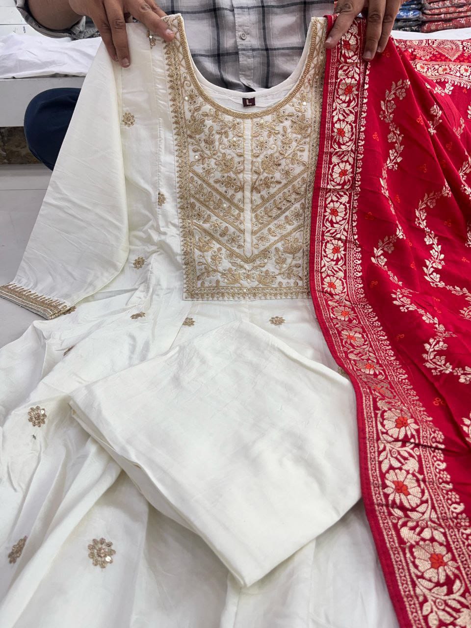 Banana Silk Anarkali Kurti Set with Zari Work & Banarasi Dupatta