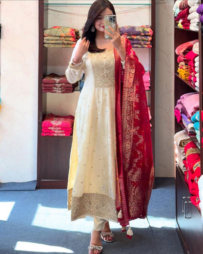 Banana Silk Anarkali Kurti Set with Zari Work & Banarasi Dupatta