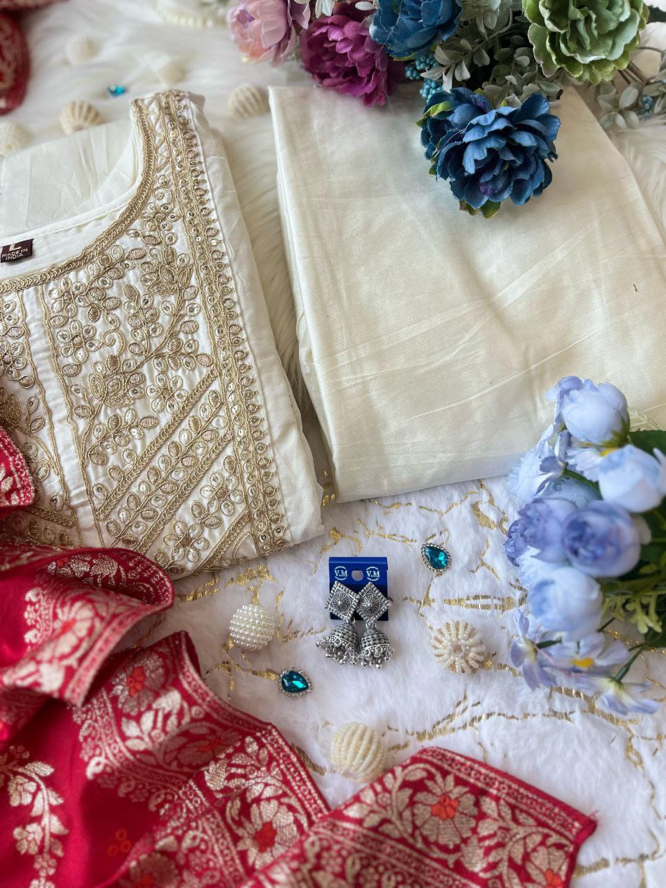 Banana Silk Anarkali Kurti Set with Zari Work & Banarasi Dupatta