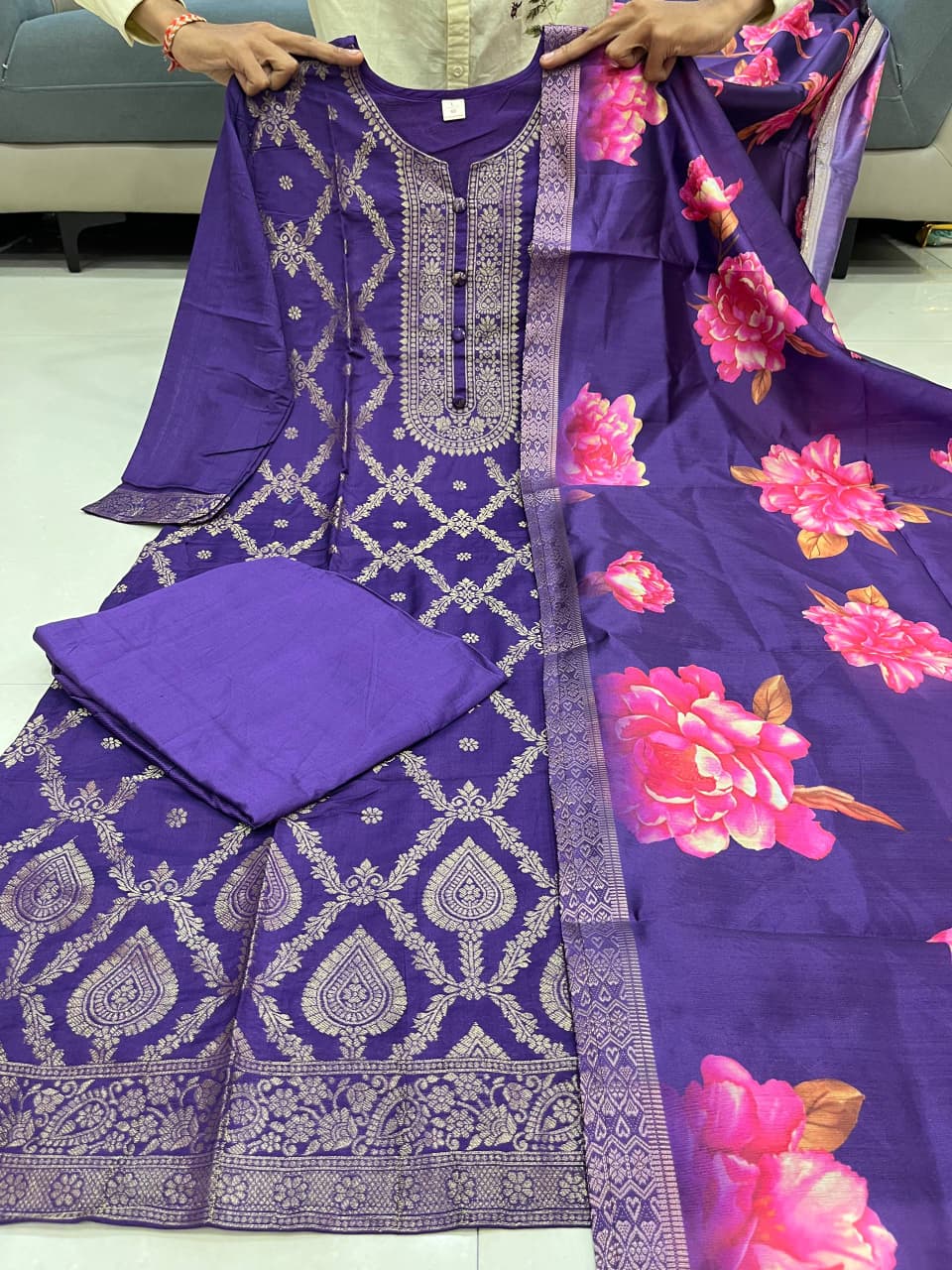 Banarasi Style Kurti Pant Set with Dupatta & Pearl Bracelet