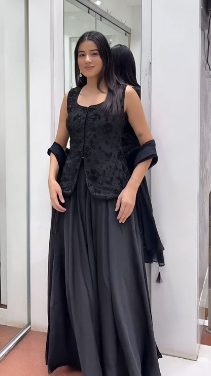 Fox Georgette Palazzo Set with Mirror & Sequence Work