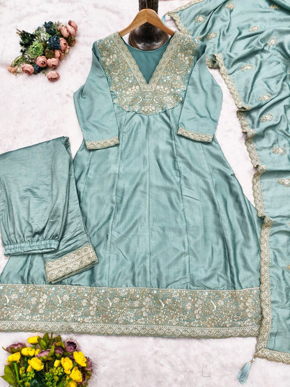 Premium Silk Suit Set with Heavy Sequence Coding Embroidery