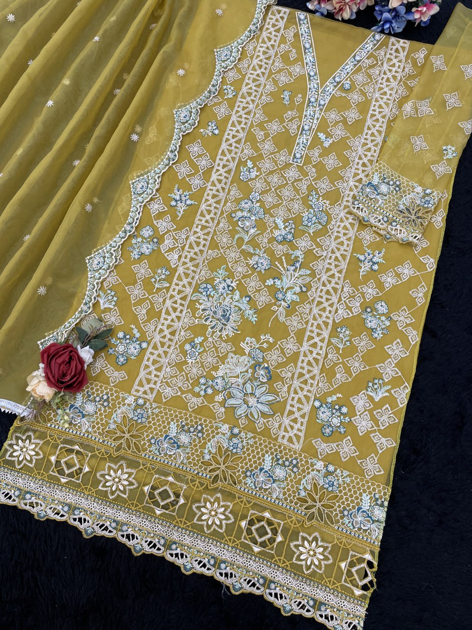 Organza Silk Suit Set with Sequence Embroidery