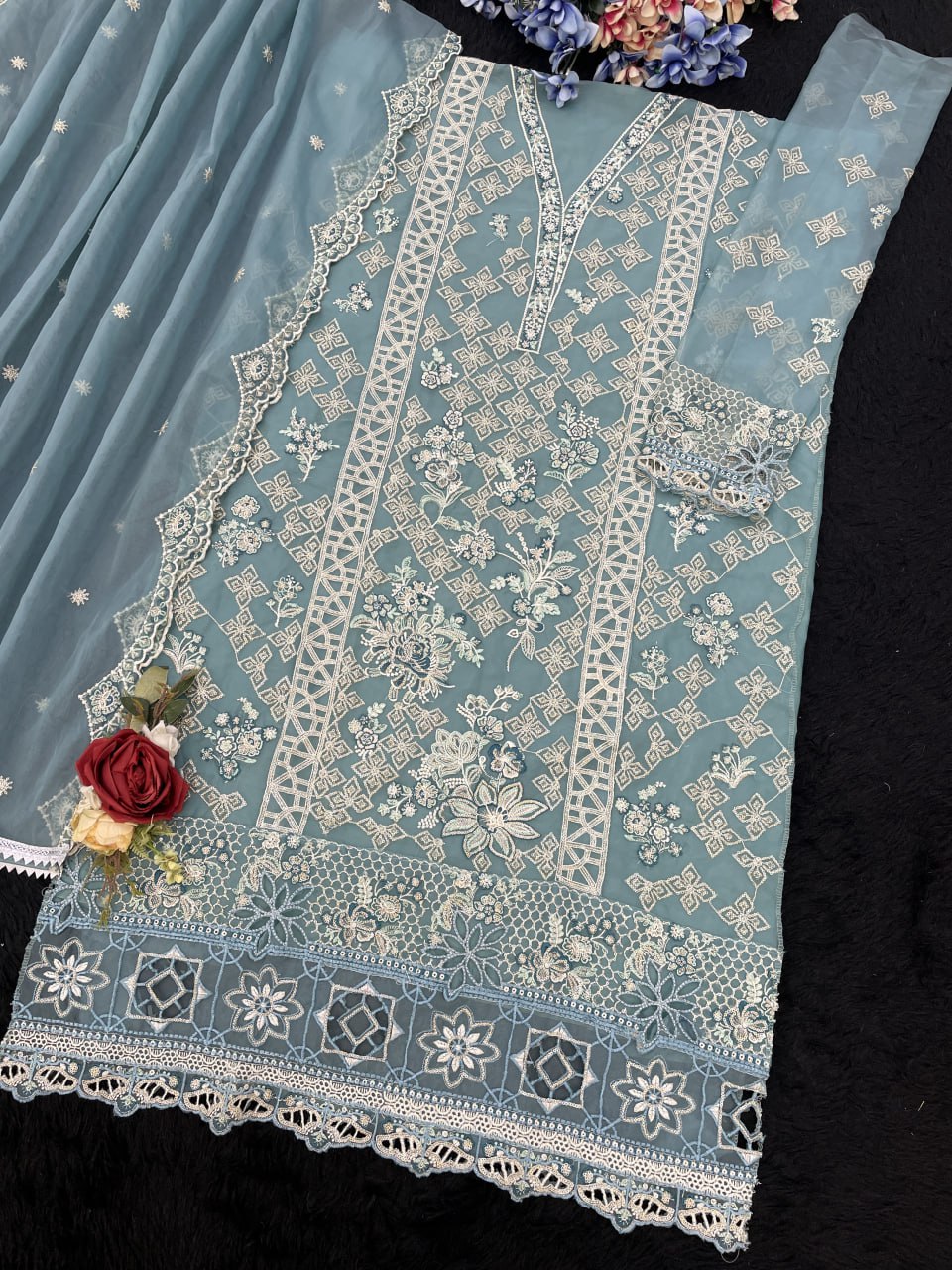 Organza Silk Suit Set with Sequence Embroidery