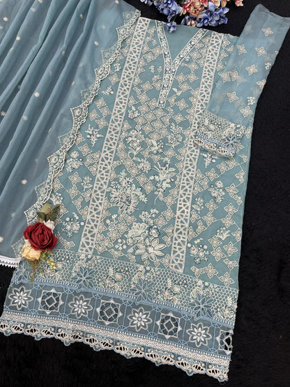 Organza Silk Suit Set with Sequence Embroidery