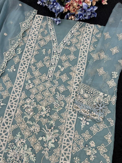 Organza Silk Suit Set with Sequence Embroidery