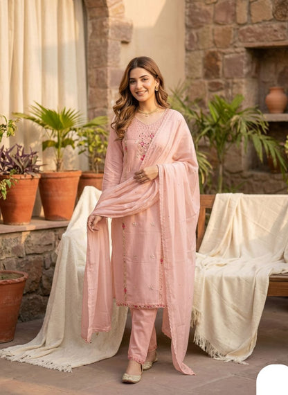 Roman Silk Suit with Sequence & Cowry Embroidery