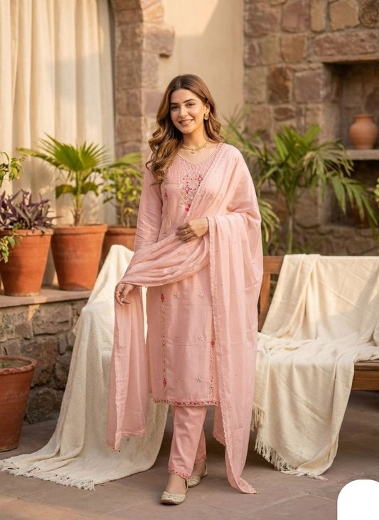 Roman Silk Suit with Sequence & Cowry Embroidery