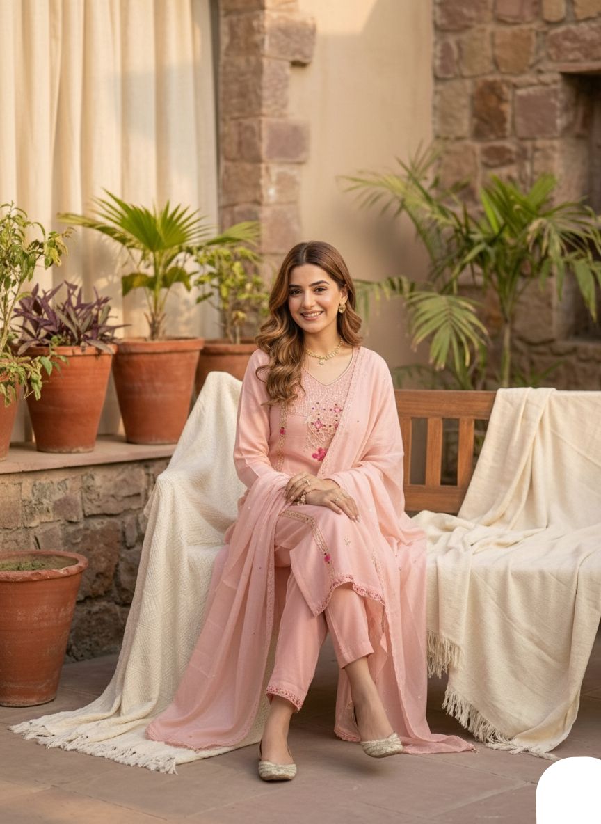 Roman Silk Suit with Sequence & Cowry Embroidery