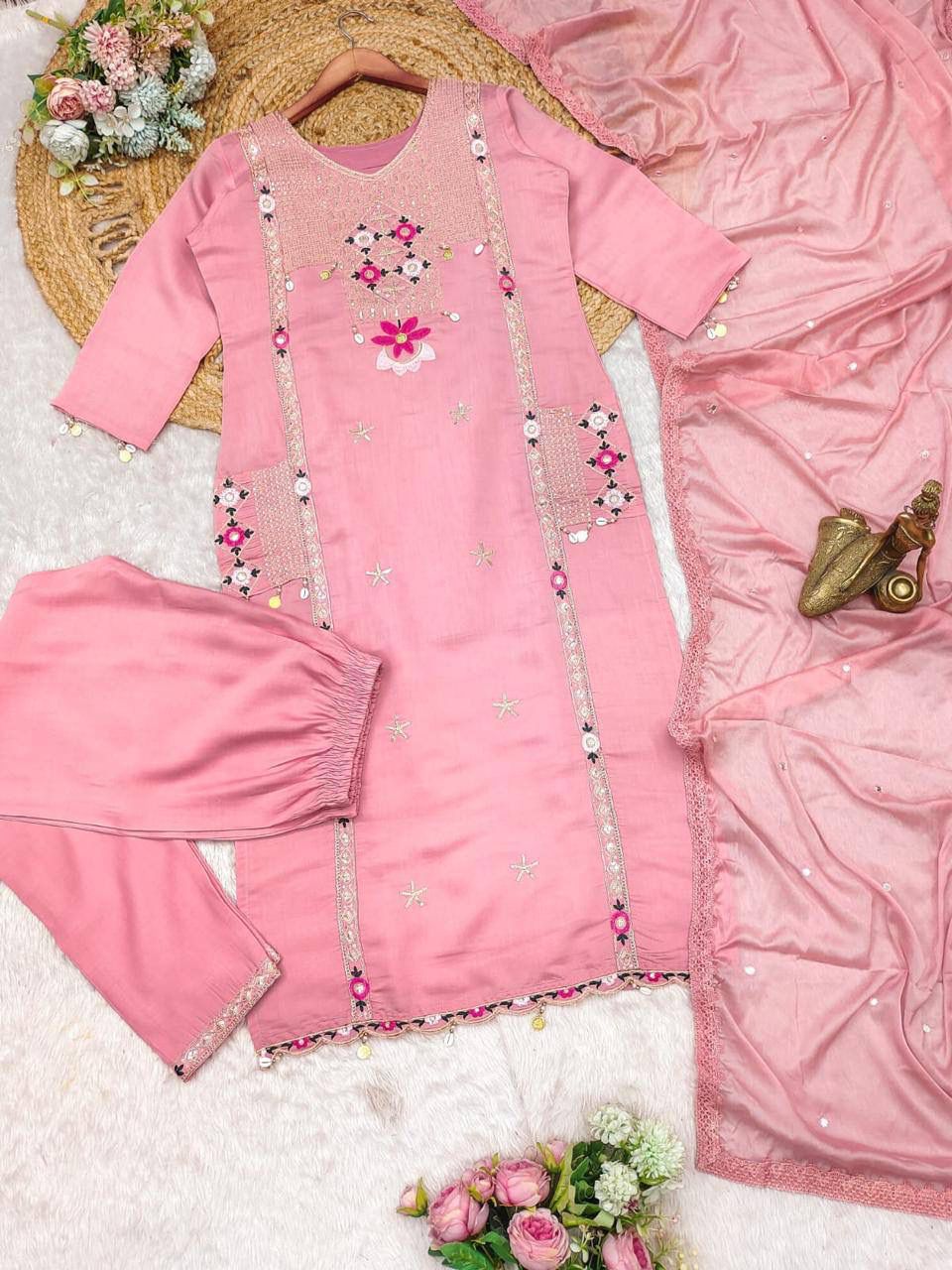 Roman Silk Suit with Sequence & Cowry Embroidery
