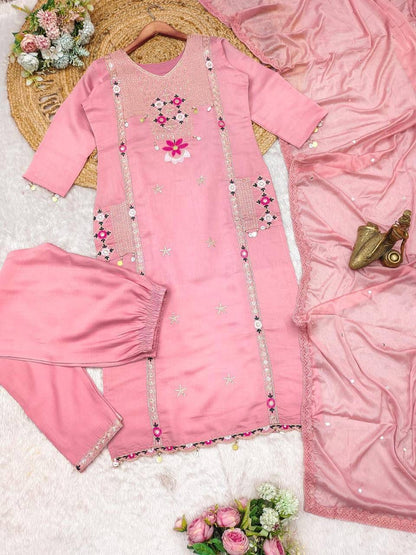 Roman Silk Suit with Sequence & Cowry Embroidery