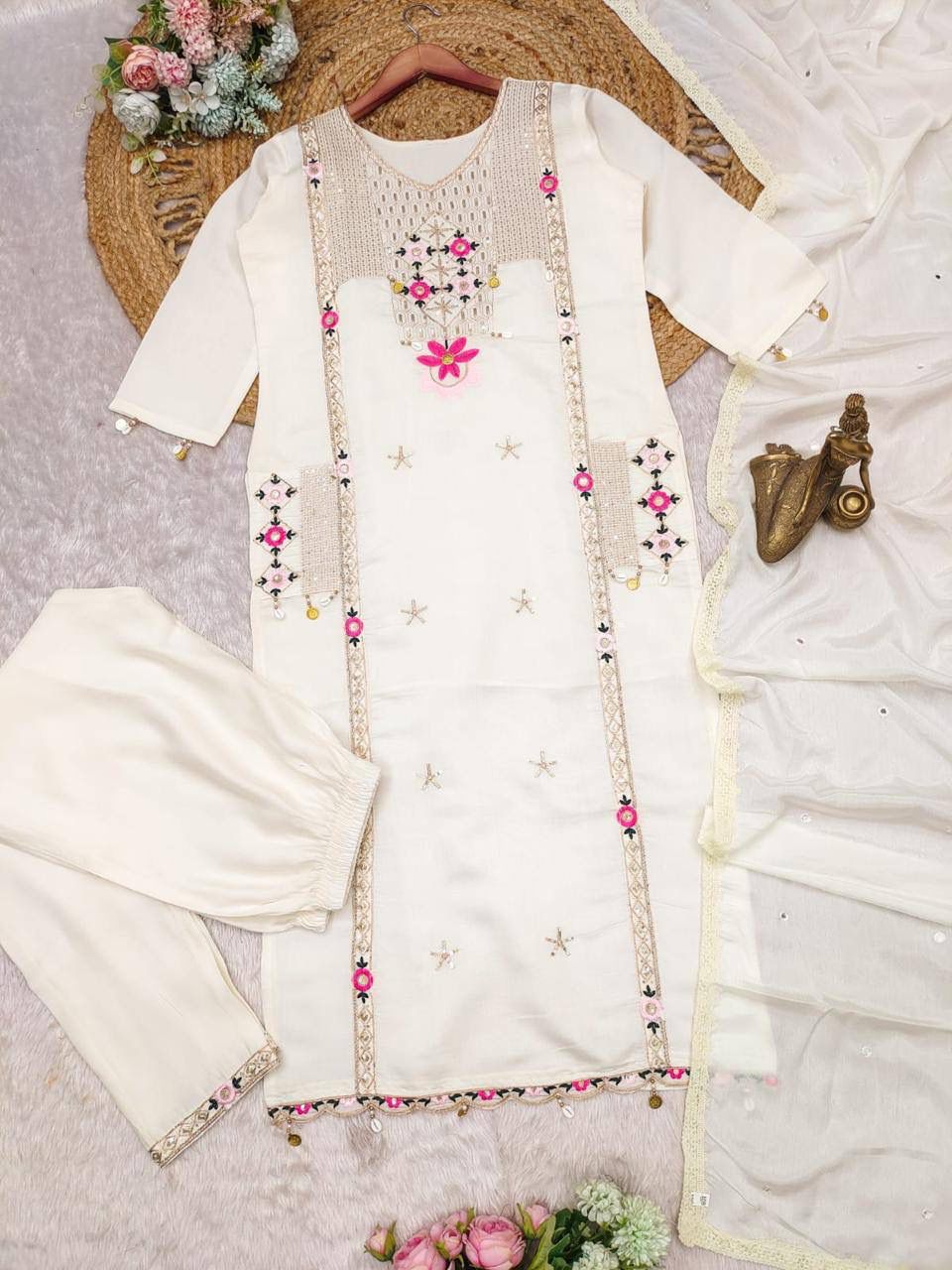 Roman Silk Suit with Sequence & Cowry Embroidery