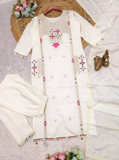 Roman Silk Suit with Sequence & Cowry Embroidery