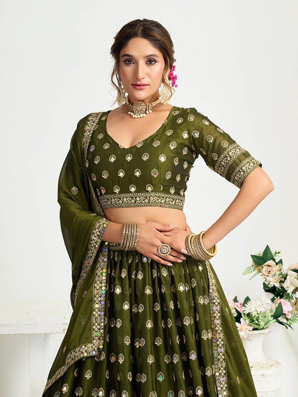 Chinon Silk Lehenga Set with Thread & Sequence Embroidery