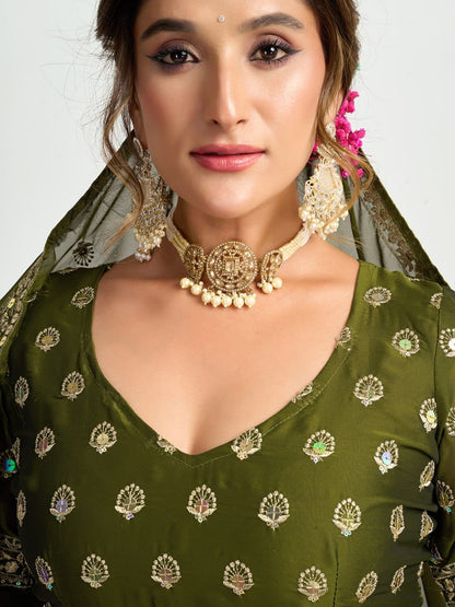 Chinon Silk Lehenga Set with Thread & Sequence Embroidery