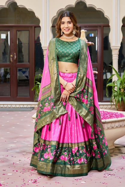 Dola Silk Lehenga Set with Bandhej & Ajrakh Print