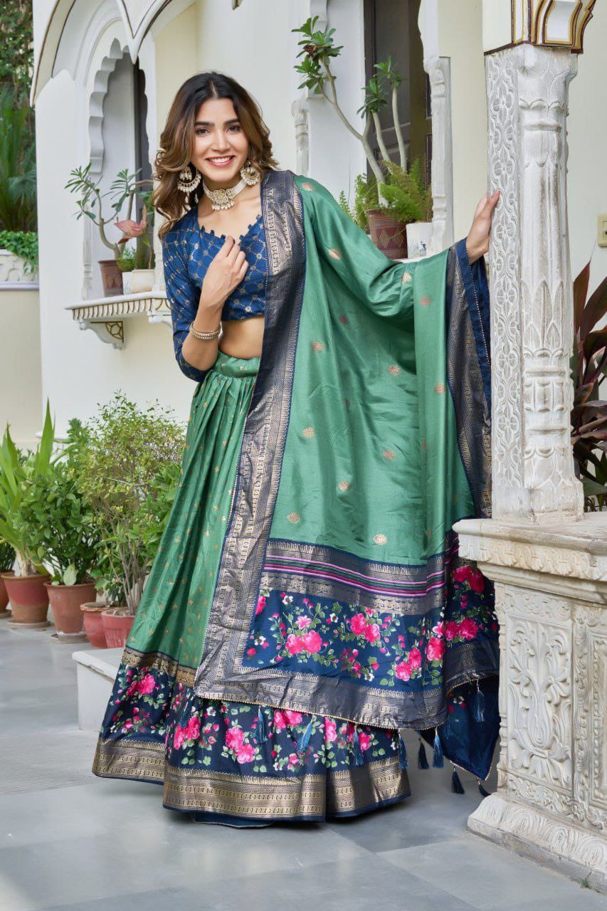 Dola Silk Lehenga Set with Bandhej & Ajrakh Print