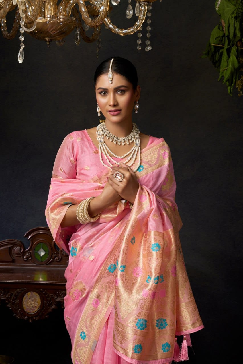 Organza Khadi Saree with Jacquard Weaving & Zhallar