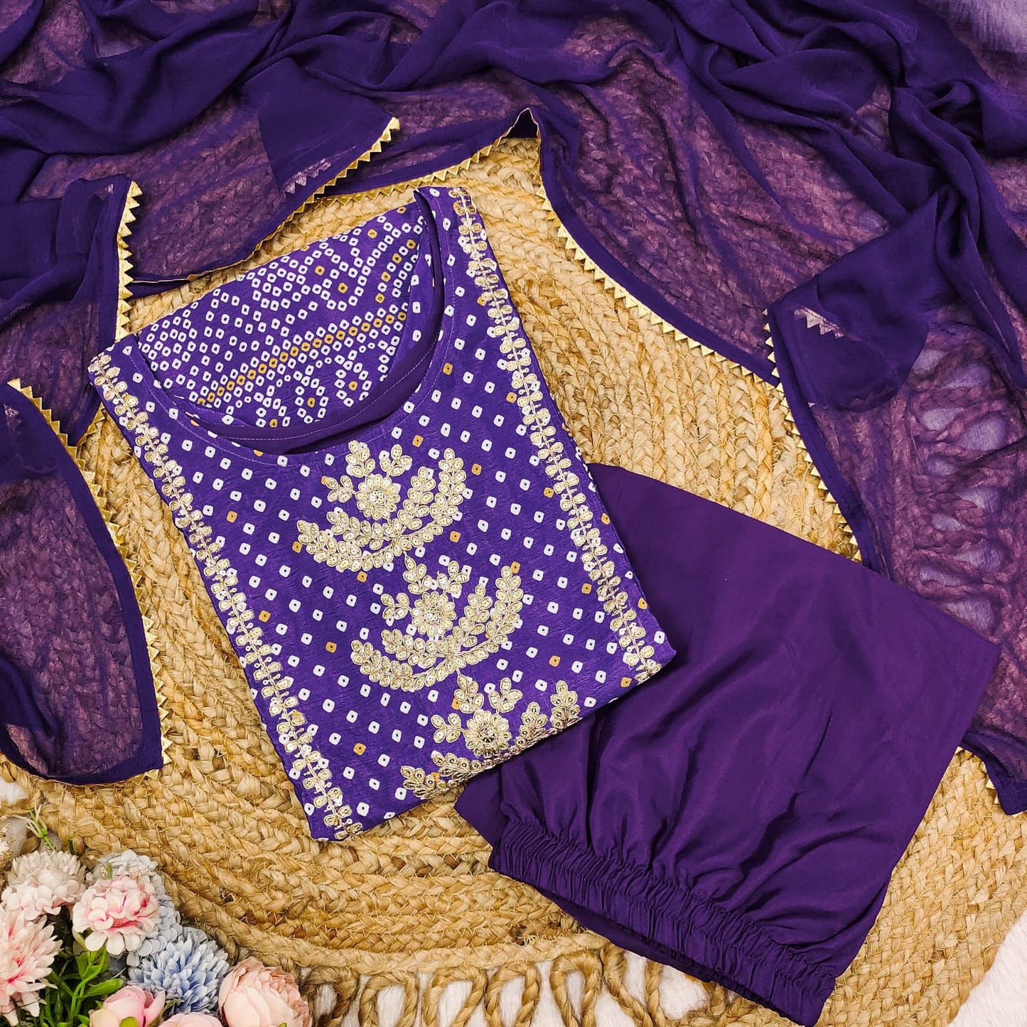 Purple Chinon Kurta Set with Bandhani Print & Embroidery