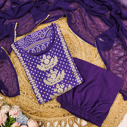 Purple Chinon Kurta Set with Bandhani Print & Embroidery