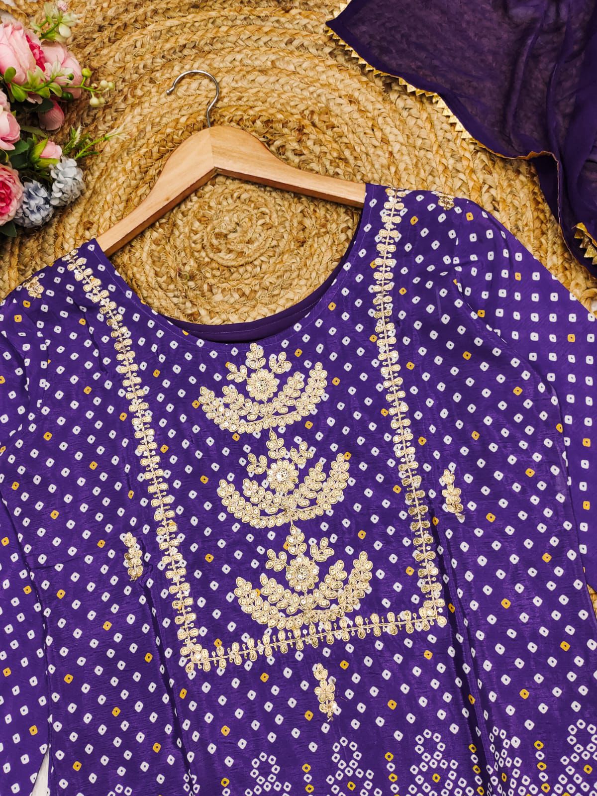 Purple Chinon Kurta Set with Bandhani Print & Embroidery