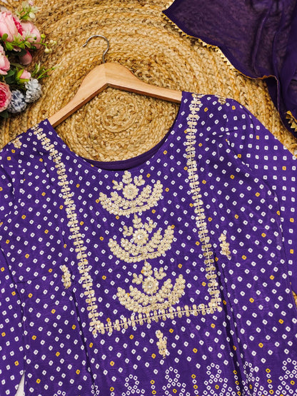 Purple Chinon Kurta Set with Bandhani Print & Embroidery