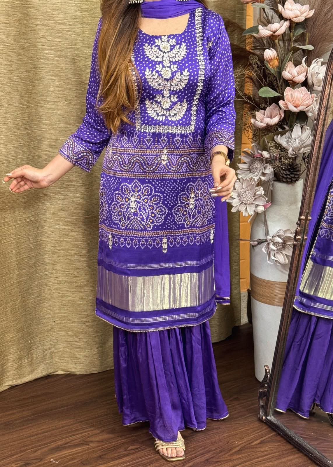 Purple Chinon Kurta Set with Bandhani Print & Embroidery