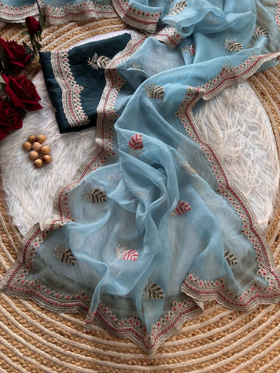 Pure Chiffon Saree with Embroidery & Contrast Raw Silk Blouse