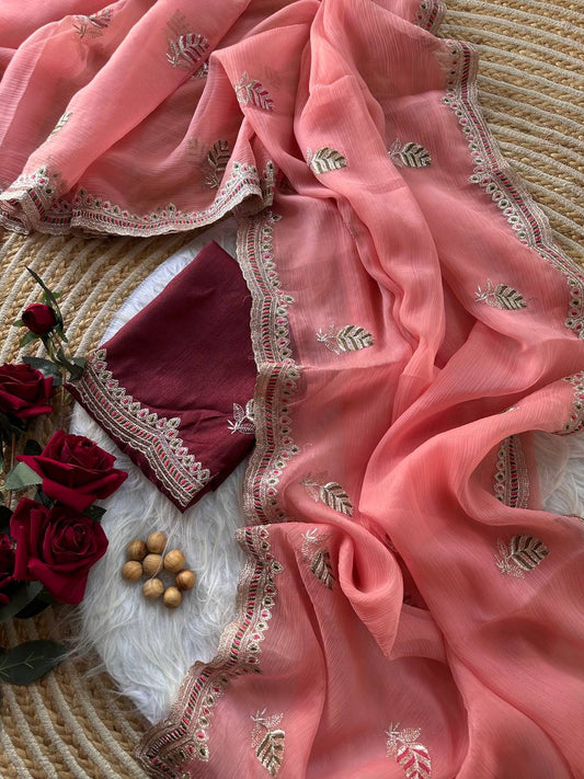 Pure Chiffon Saree with Embroidery & Contrast Raw Silk Blouse