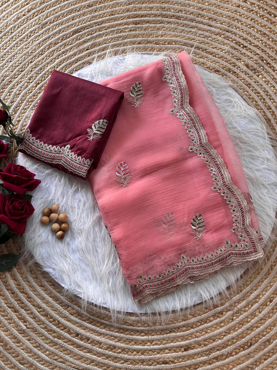 Pure Chiffon Saree with Embroidery & Contrast Raw Silk Blouse