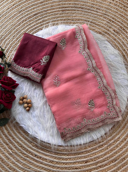 Pure Chiffon Saree with Embroidery & Contrast Raw Silk Blouse