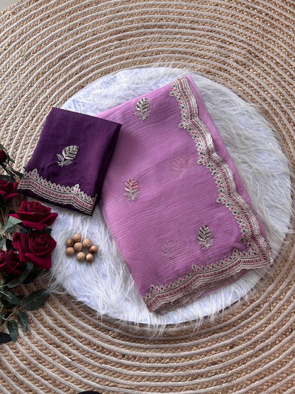 Pure Chiffon Saree with Embroidery & Contrast Raw Silk Blouse