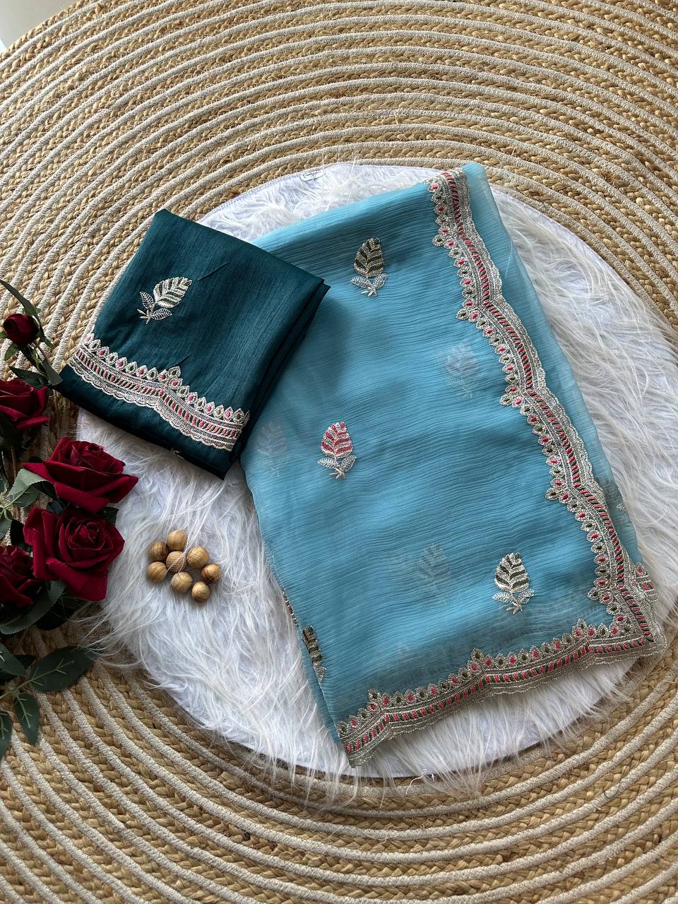 Pure Chiffon Saree with Embroidery & Contrast Raw Silk Blouse